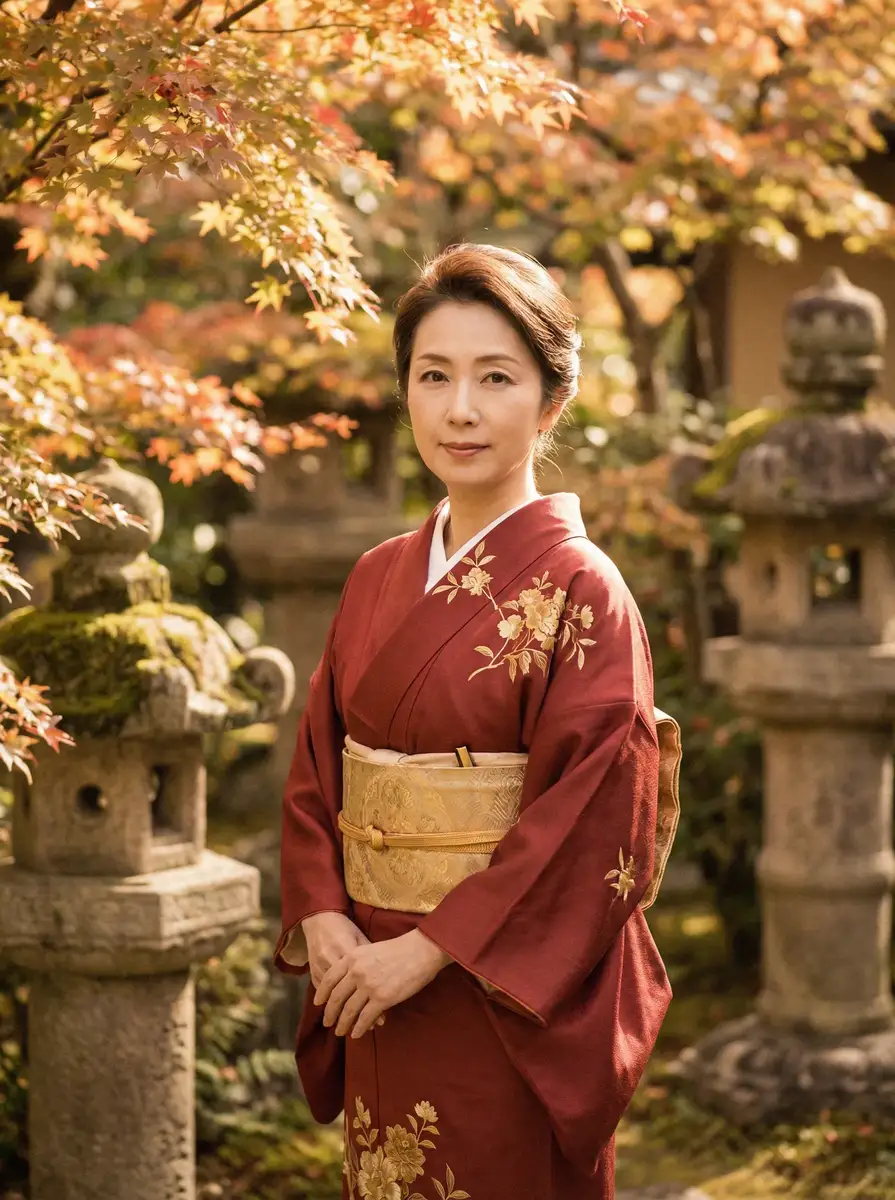 一位身穿暗红色和服的优雅 熟女人妻 在日式庭院中
