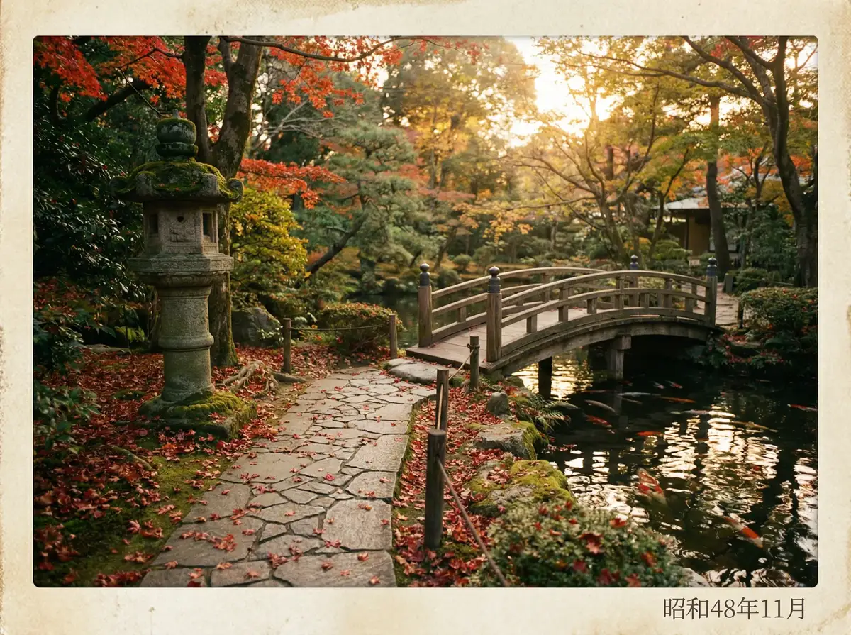 秋日的日式庭院，石灯笼与红叶交相辉映