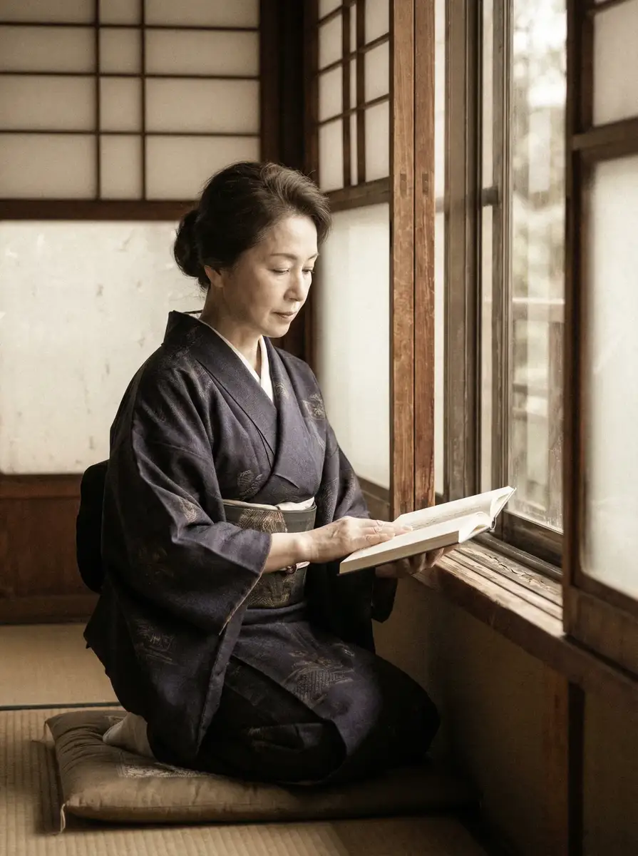 一位优雅的五十岁 熟女人妻 身穿深蓝色和服，在窗边静读