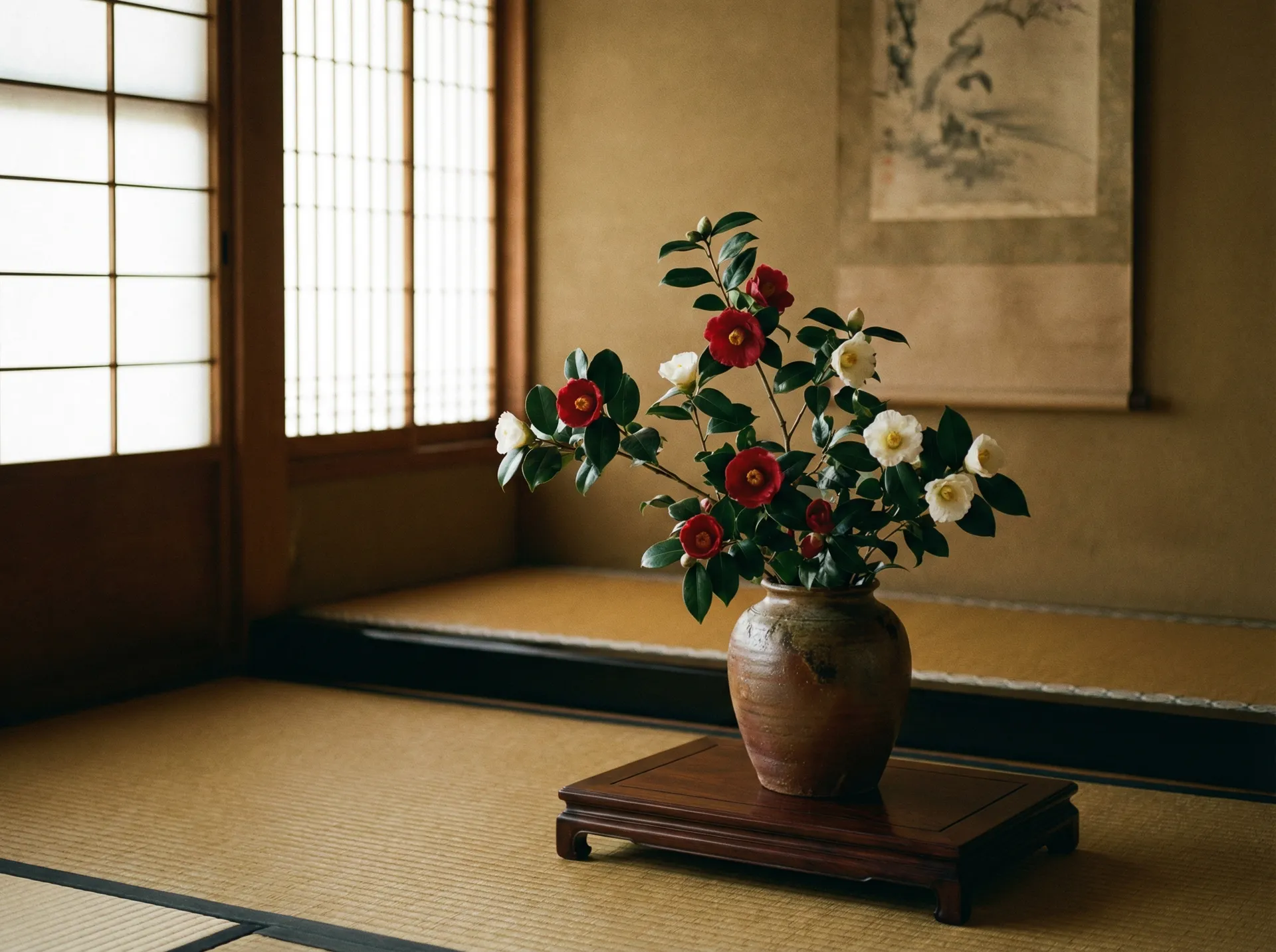 日式插花艺术，山茶花在传统陶瓷花瓶中绽放