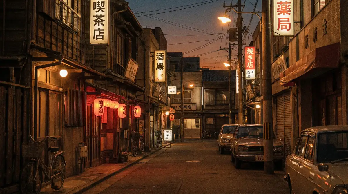 昭和时代的日本街道夜景，灯笼与霓虹交织