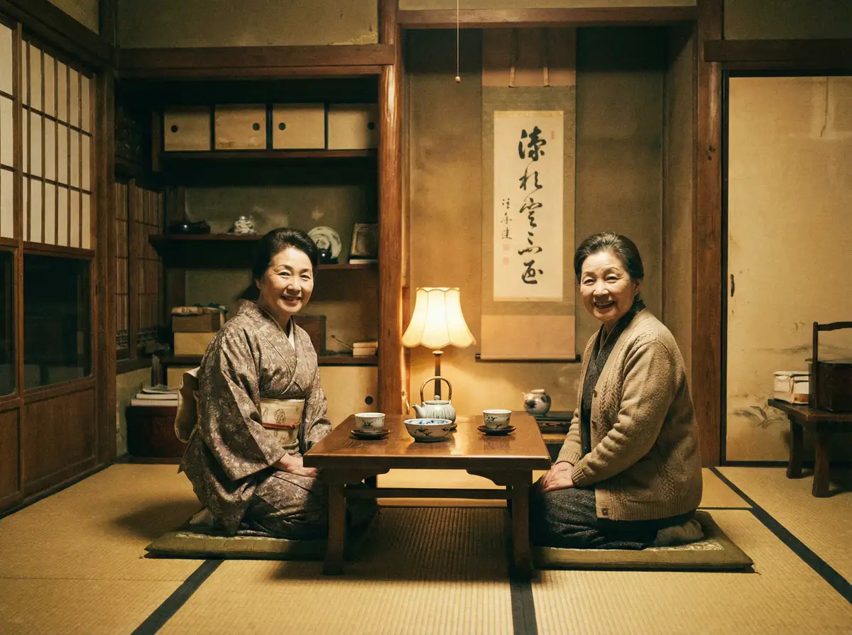 两位优雅的 熟女人妻 在日式茶室中品茶交谈